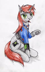 Size: 1868x2943 | Tagged: safe, artist:40kponyguy, derpibooru exclusive, oc, oc only, oc:littlepip, pony, unicorn, fallout equestria, clothes, ear fluff, fanfic, fanfic art, female, grin, hooves, horn, jumpsuit, looking at you, mare, pipbuck, raised hoof, simple background, sitting, smiling, solo, traditional art, underhoof, vault suit