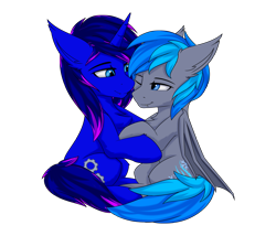 Size: 3500x3000 | Tagged: safe, artist:snowstormbat, oc, oc only, oc:aphelion darkmoon, oc:midnight snowstorm, bat pony, pony, unicorn, 2020 community collab, derpibooru community collaboration, background removed, duo, gay, high res, male, simple background, transparent background