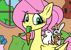 Size: 1424x1014 | Tagged: safe, artist:smirk, angel bunny, fluttershy, pegasus, pony, rabbit, g4, animal, bust, carrot, cute, female, flower, folded wings, food, hair up, herbivore, indoors, looking at you, mare, mouth hold, ms paint, older, three quarter view, wings