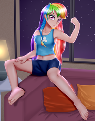 Size: 1500x1900 | Tagged: safe, alternate version, artist:focusb, edit, rainbow dash, human, equestria girls, g4, armpits, barefoot, beautiful, belly button, clothes, compression shorts, couch, cute, cutie mark on clothes, feet, female, flexing, gym shorts, hand on thigh, human coloration, lamp, legs, looking at you, midriff, night, off shoulder, pillow, sexy, shorts, sitting, solo, stupid sexy rainbow dash, table, tank top, window