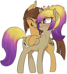 Size: 1124x1236 | Tagged: safe, artist:t72b, derpibooru exclusive, oc, oc:black dawn, oc:midnight cakepowder, bat pony, pegasus, pony, 2020 community collab, derpibooru community collaboration, bipedal, bipedal leaning, cute, eye clipping through hair, eyes closed, fangs, female, heart, leaning, lesbian, looking at each other, mare, midnightdawn, multicolored hair, nuzzling, oc x oc, shipping, simple background, transparent background