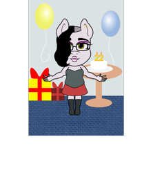 Size: 1367x1435 | Tagged: safe, artist:madamesaccharine, oc, oc only, oc:puzzling insanity, earth pony, anthro, balloon, birthday, birthday cake, boots, cake, candle, chubby, clothes, cute, eyeliner, eyeshadow, fangs, female, food, glasses, goth, industrial piercing, lip piercing, makeup, nose piercing, piercing, pouty lips, present, shoes, sidecut, skirt, sleeveless, smiling, solo