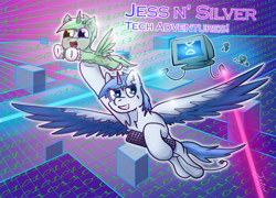Size: 1901x1366 | Tagged: safe, artist:jesterpi, oc, oc only, oc:jester pi, oc:silver, oc:silver hoof, alicorn, pegasus, pony, action, alicorn oc, code, computer, cute, flying, grin, holding up, horn, keyboard, laser, monitor, open mouth, open smile, pegacorn, piercing, size difference, smiling, text, unshorn fetlocks, video game, wings