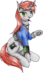 Size: 1514x2562 | Tagged: safe, artist:40kponyguy, derpibooru exclusive, edit, editor:ciaran, oc, oc only, oc:littlepip, pony, unicorn, 2020 community collab, derpibooru community collaboration, fallout equestria, clothes, ear fluff, fanfic, fanfic art, female, grin, hooves, horn, jumpsuit, looking at you, mare, pipbuck, raised hoof, simple background, sitting, smiling, solo, traditional art, transparent background, underhoof, vault suit