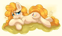 Size: 1550x900 | Tagged: safe, artist:joakaha, pear butter, earth pony, pony, g4, blushing, female, heart, looking at you, mare, prone, smiling, solo