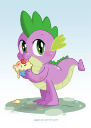 Size: 500x706 | Tagged: safe, artist:jiggly, spike, dragon, g4, baby, baby dragon, cupcake, cute, food, licking, looking at you, male, solo, spikabetes, tongue out, weapons-grade cute