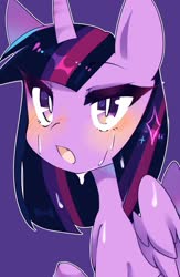 Size: 837x1280 | Tagged: safe, artist:friskyfrisks, artist:ms-xana, twilight sparkle, alicorn, pony, g4, blushing, bust, cute, female, looking at you, open mouth, portrait, purple background, simple background, solo, sweat, twiabetes, twilight sparkle (alicorn)