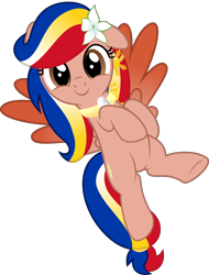 Size: 5242x6885 | Tagged: safe, artist:jhayarr23, oc, oc only, oc:pearl shine, pegasus, pony, 2020 community collab, derpibooru community collaboration, cute, flower, flower in hair, flying, looking at you, nation ponies, ocbetes, philippines, ponified, show accurate, simple background, solo, transparent background