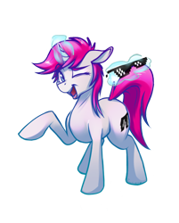 Size: 820x1021 | Tagged: safe, artist:fanch1, derpibooru exclusive, oc, oc only, oc:cheesy-shades, pony, unicorn, 2020 community collab, derpibooru community collaboration, cutie mark, female, glasses, magic, meme, one eye closed, open mouth, raised hoof, simple background, solo, transparent background, wink