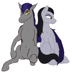 Size: 2200x2200 | Tagged: safe, artist:grypher, artist:stoopedhooy, oc, oc only, oc:night patrol, oc:shakes heartwood, bat pony, earth pony, pony, 2020 community collab, derpibooru community collaboration, bat pony oc, bat wings, belly button, duo, high res, hug, looking at you, simple background, sitting, spread legs, spread wings, spreading, transparent background, wings