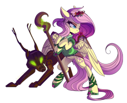 Size: 1920x1559 | Tagged: safe, artist:hagalazka, fluttershy, pegasus, timber wolf, clothes, druid, female, flower, flower in hair, glowing eyes, mare, simple background, staff, transparent background