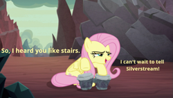 Size: 747x421 | Tagged: safe, edit, edited screencap, screencap, fluttershy, pegasus, pony, g4, sweet and smoky, bongos, caption, female, flutterstream is not happening, implied flutterstream, implied garble, implied silverstream, implied stairs, looking at someone, mare, meme, musical instrument, narrowed eyes, solo, text edit, that pony sure does love silverstream's stairs