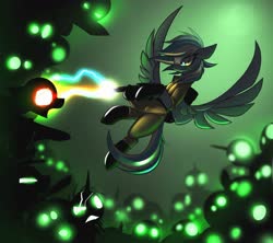 Size: 4800x4261 | Tagged: safe, artist:fenixdust, oc, oc:falling skies, ghost, pegasus, pony, clothes, female, flying, ghostbusters, mare, proton pack