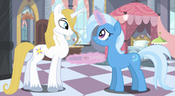 Size: 2804x1532 | Tagged: safe, artist:fantasygirl2410, prince blueblood, trixie, pony, unicorn, g4, crying, female, glowing horn, horn, looking at each other, male, mare, pregnancy test, pregnant, ship:bluetrix, shipping, stallion, straight, tears of joy