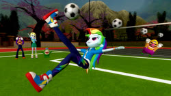 Size: 1280x720 | Tagged: safe, artist:migueruchan, derpy hooves, rainbow dash, human, equestria girls, g4, my little pony equestria girls: better together, 3d, ball, barely eqg related, cheering, crossover, football, gmod, kicking, male, nintendo, soccer field, sports, super mario bros., waluigi, wario