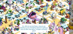 Size: 2312x1080 | Tagged: safe, gameloft, screencap, claude, cookie crumbles, igneous rock pie, mina, rarity, soarin', starlight glimmer, sweetie belle, pony, unicorn, g4, the ending of the end, the last problem, carousel boutique, clock tower, dialogue, implied princess twilight, implied twilight sparkle, older, older sweetie belle, queen, snow, stage, tree, winter