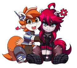 Size: 4500x4000 | Tagged: safe, artist:ciderpunk, artist:pabbley, oc, oc only, oc:ciderpunk, oc:pandy cyoot, 2020 community collab, derpibooru community collaboration, angry, clothes, cyberpunk, fishnet stockings, grumpy, happy, hugging a pony, jacket, looking at you, shoes, simple background, socks, stockings, thigh highs, torn clothes, torn socks, transparent background