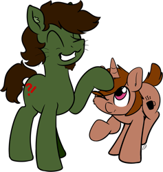 Size: 1055x1112 | Tagged: safe, artist:taurson, artist:yakoshi, derpibooru exclusive, oc, oc only, oc:coffee, oc:green ganache, earth pony, pony, unicorn, 2020 community collab, derpibooru community collaboration, collaboration, duo, eyes closed, head pat, male, pat, ruffled hair, simple background, stallion, transparent background