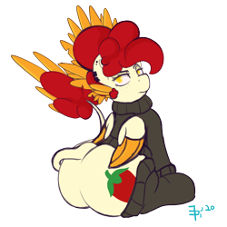 Size: 3000x3000 | Tagged: safe, artist:epicenehs, oc, oc only, oc:chimie changa, original species, 2020 community collab, derpibooru community collaboration, clothes, female, high res, looking back, mare, pegaphoenix, simple background, sitting, socks, solo, sweater, transparent background