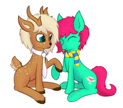 Size: 2313x2035 | Tagged: safe, artist:deerdraw, oc, oc only, oc:deeraw, oc:minty split, deer, deer pony, earth pony, original species, pony, 2020 community collab, derpibooru community collaboration, clothes, cloven hooves, duo, high res, hoof hold, necktie, scarf, simple background, sitting, smiling, transparent background