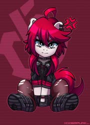 Size: 1024x1415 | Tagged: safe, artist:ciderpunk, oc, oc:ciderpunk, angry, boots, clothes, cute, cyberpunk, ear piercing, earring, fishnet stockings, gloves, jacket, jewelry, piercing, redhead, shoes, torn socks