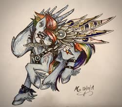 Size: 2048x1801 | Tagged: safe, artist:pyro-millie, rainbow dash, pegasus, pony, g4, alternate hairstyle, alternate timeline, apocalypse dash, badass, bracelet, crystal war timeline, cutie mark, ear piercing, earring, eye scar, feathered fetlocks, female, grin, harness, jewelry, knife, leg strap, mad max, mare, mouth hold, piercing, raised hoof, redesign, scar, smiling, solo, tack, traditional art