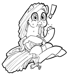 Size: 1231x1200 | Tagged: safe, artist:abronyaccount, oc, oc only, oc:phrase turner, pony, 2020 community collab, derpibooru community collaboration, aweeg*, black and white, chips, crumbs, exclamation point, food, grayscale, ink drawing, long mane, long mane male, long tail, male, monochrome, ponysona, potato chips, simple background, solo, startled, surprised, traditional art, transparent background