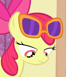 Size: 920x1080 | Tagged: safe, screencap, apple bloom, earth pony, pony, for whom the sweetie belle toils, g4, cropped, disappointed, female, filly, solo, sunglasses