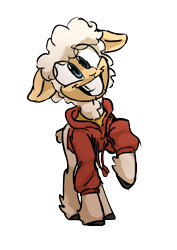 Size: 1296x1828 | Tagged: safe, anonymous artist, oc, oc only, oc:jimmyjam, sheep, 2020 community collab, derpibooru community collaboration, clothes, hoodie, simple background, smiling, solo, transparent background