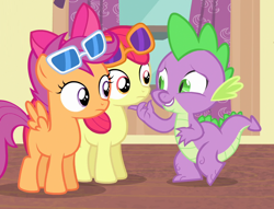 Size: 1100x840 | Tagged: safe, screencap, apple bloom, scootaloo, spike, dragon, earth pony, pegasus, pony, for whom the sweetie belle toils, g4, claws, comforting, cropped, female, filly, foal, kindness, lifting chin, slit pupils, smiling, sunglasses, trio