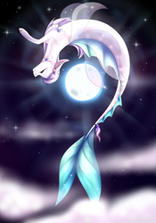 Size: 2049x2928 | Tagged: safe, artist:creativecocoacookie, oc, oc only, merpony, eyes closed, female, flower, flower in hair, high res, moon, night, ribbon, solo, stars