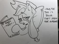 Size: 680x510 | Tagged: safe, artist:andypriceart, applejack, earth pony, pony, g4, birds of prey, black and white, comic (object), dc comics, female, gail simone, grayscale, mare, monochrome, pillow, reading