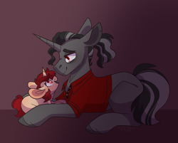 Size: 1960x1574 | Tagged: safe, artist:glowfangs, king sombra, oc, oc only, oc:red velvet, pony, unicorn, clothes, female, filly, foal, magical gay spawn, male, offspring, parent:king sombra, parent:svengallop, parents:svenbra, prone, shirt, solo, stallion