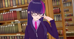 Size: 2048x1080 | Tagged: safe, artist:katsudon, twilight sparkle, human, g4, 3d, adjusting glasses, book, bookshelf, female, glasses, humanized, koikatsu, library, looking at you, necktie, one eye closed, pale, questionable source, smiling, smiling at you, sweater vest, twilight's professional glasses, wink