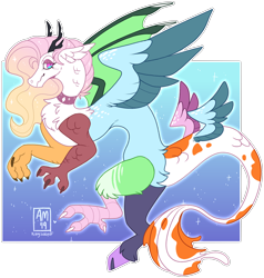 Size: 1024x1076 | Tagged: safe, artist:kittyisawolf, oc, oc only, oc:desorde, draconequus, hybrid, choker, draconequus oc, female, gradient mane, interspecies offspring, multiple wings, offspring, parent:discord, parent:princess celestia, parents:dislestia, solo, wings