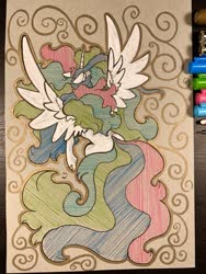 Size: 1536x2048 | Tagged: safe, artist:greyscaleart, princess celestia, alicorn, pony, g4, eyes closed, female, long mane, long tail, majestic, mare, missing cutie mark, solo, spread wings, traditional art, wings