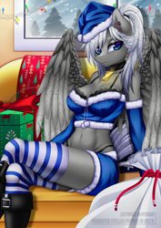 Size: 1200x1697 | Tagged: safe, artist:gyuumu, oc, oc only, oc:stellar phoenix, pegasus, anthro, anthro oc, belly button, boots, bra strap, choker, christmas, christmas lights, clothes, ear fluff, ear piercing, earring, female, frilly underwear, gloves, hat, holiday, jewelry, long gloves, looking at you, mare, midriff, outfit, panties, piercing, shoes, socks, stockings, strapless, striped socks, thigh highs, thong, tube top, underwear, wings, winter