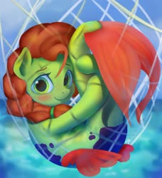 Size: 1500x1645 | Tagged: safe, artist:drafthoof, oc, oc only, oc:oil drop, seapony (g4), blushing, hug, looking at you, net, seaponified, smiling, solo, species swap, tail hug