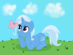 Size: 2048x1536 | Tagged: safe, artist:kazzysart, trixie, butterfly, pony, unicorn, g4, cloud, cute, diatrixes, female, grass, head in hooves, lying down, mare, prone, sky, smiling, solo