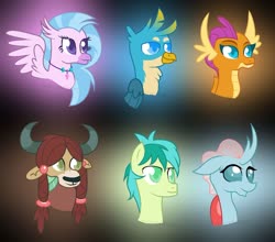 Size: 1024x903 | Tagged: safe, artist:shirosunshineyt, gallus, ocellus, sandbar, silverstream, smolder, yona, changedling, changeling, classical hippogriff, dragon, earth pony, griffon, hippogriff, pony, yak, g4, bust, dragoness, female, jewelry, necklace, student six