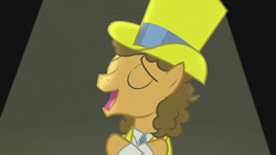 Size: 1920x1080 | Tagged: safe, screencap, cheese sandwich, pony, g4, the last laugh, clothes, eyes closed, hat, jewelry, male, necklace, open mouth, singing, solo, spotlight, top hat