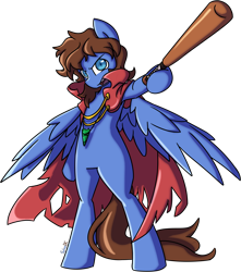 Size: 3142x3552 | Tagged: safe, artist:spheedc, oc, oc only, oc:bizarre song, bat, pegasus, pony, semi-anthro, arm hooves, baseball bat, broken horn, cape, clothes, high res, horn, jewelry, looking at you, messy mane, necklace, open mouth, simple background, solo, standing, transparent background, wings