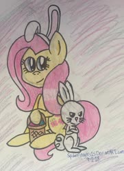 Size: 1024x1415 | Tagged: safe, artist:spiderfingers15, angel bunny, fluttershy, pegasus, pony, g4, angry, basket, bunny ears, bunnyshy, crossed arms, duo, headband, sitting, traditional art