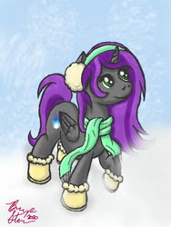 Size: 960x1280 | Tagged: safe, artist:bryastar, oc, oc only, oc:astral wind, alicorn, pony, alicorn oc, boots, clothes, earmuffs, horn, looking up, scarf, shoes, simple background, snow