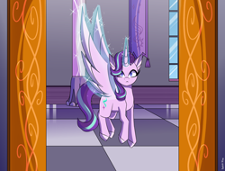 Size: 2100x1600 | Tagged: safe, artist:celes-969, starlight glimmer, alicorn, pony, g4, alicornified, castle, female, flying, glowing horn, horn, large wings, looking at you, magic, mare, race swap, solo, starlicorn, wings