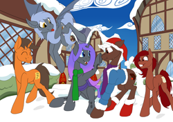 Size: 3508x2480 | Tagged: safe, artist:settop, oc, oc only, oc:cherry cordial, oc:panne, oc:penny, oc:scroll scribe, oc:viciz, bat pony, changeling, earth pony, pony, unicorn, boop, changeling oc, christmas, clothes, high res, holiday, jacket, ponyville, purple changeling, scarf, snow