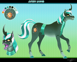 Size: 1170x943 | Tagged: safe, artist:bijutsuyoukai, oc, oc only, oc:siren song, changepony, hybrid, pony, exoskeleton, magical lesbian spawn, male, offspring, parent:lyra heartstrings, parent:queen chrysalis, reference sheet, solo