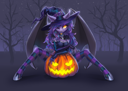 Size: 2800x2000 | Tagged: safe, artist:di-dash, oc, oc only, oc:amelia valkyria, bat pony, anthro, unguligrade anthro, anthro oc, arm warmers, bat pony oc, clothes, fangs, female, halloween, hat, high res, holiday, hoof shoes, jack-o-lantern, looking at you, mare, one eye closed, pumpkin, sitting, socks, solo, striped socks, thigh highs, wink, witch hat, ych result
