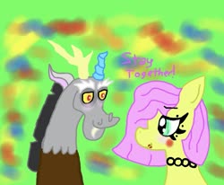 Size: 1007x828 | Tagged: safe, artist:kittycatrittycat, discord, fluttershy, draconequus, pegasus, pony, comic:soarin to the rainbow, g4, blushing, choker, female, flutterbitch, lipstick, makeup, male, ship:discoshy, shipping, short hair, simple background, straight, text