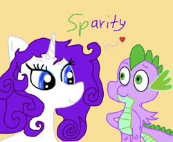 Size: 1010x827 | Tagged: safe, artist:kittycatrittycat, rarity, spike, dragon, pony, unicorn, comic:soarin to the rainbow, g4, alternate hairstyle, female, heart, male, ship:sparity, shipping, simple background, straight